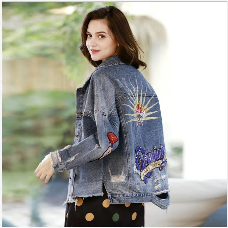 Paillettes Nouveau Tops Longues Vêtements Manches Et Veste Broderie Femmes Trou De Printemps Automne Blue G233 Denim À n0gTv7q