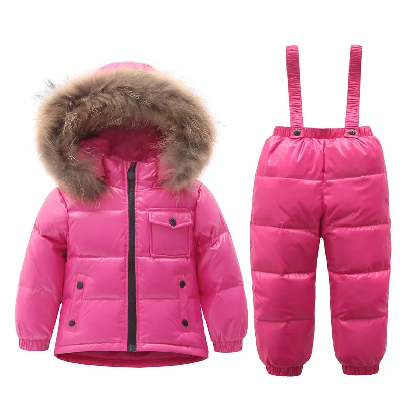 Russian Winter Warm Baby Boys Girls snowsuit Children Duck Down coats jackets with fur hood Thick kids ski snow suit clothes set