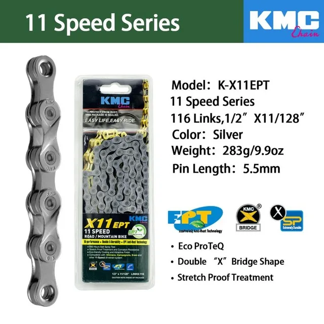 KMC цепь x11 x11L x11sl X11ept x11el x11.93 Золото Серебро для MTB/дорожный велосипед fo Shimano/SRAM 11 скорость 116л/цепь велосипед Полный полый - Цвет: X11L-Silver