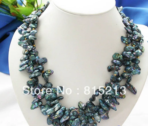 

FREE SHIPPING>>>@@ > N742 3row 20MM cyan biwa BAROQUE CULTURED PEARL NECKLACE