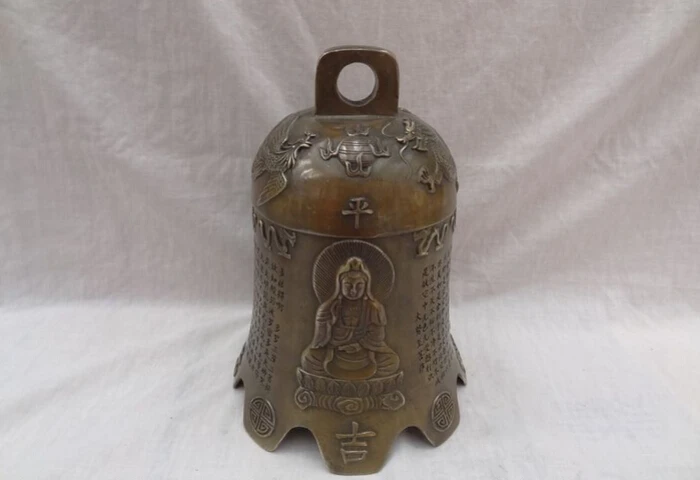 

song voge gem S5285 11" Chinese Bronze Buddhism Dragon Phoenix 3 Kwan-Yin Statue Protect Temple Bell