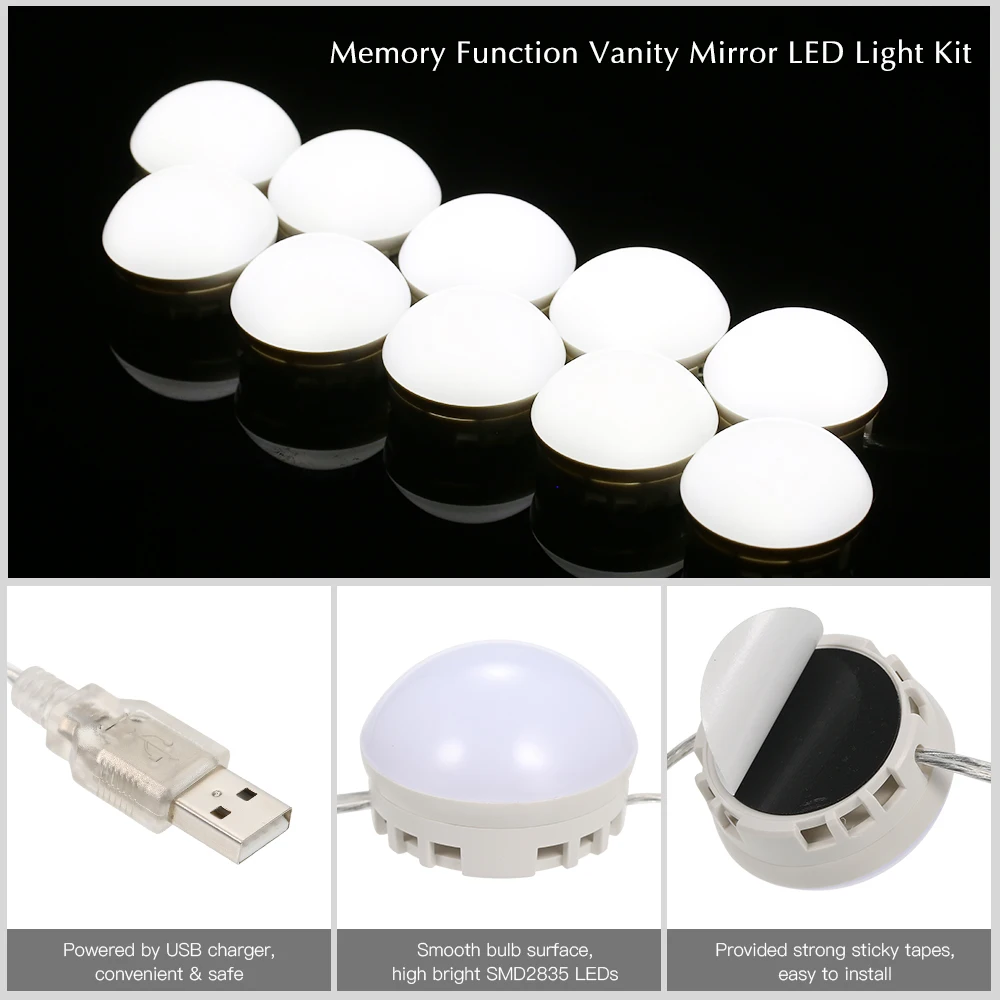 

12 /10 LEDs Makeup Mirror Vanity Mirror Light Bulbs Kit Adjustable Brightness USB Charging Port DIY Comestic Lamp with Dimmer
