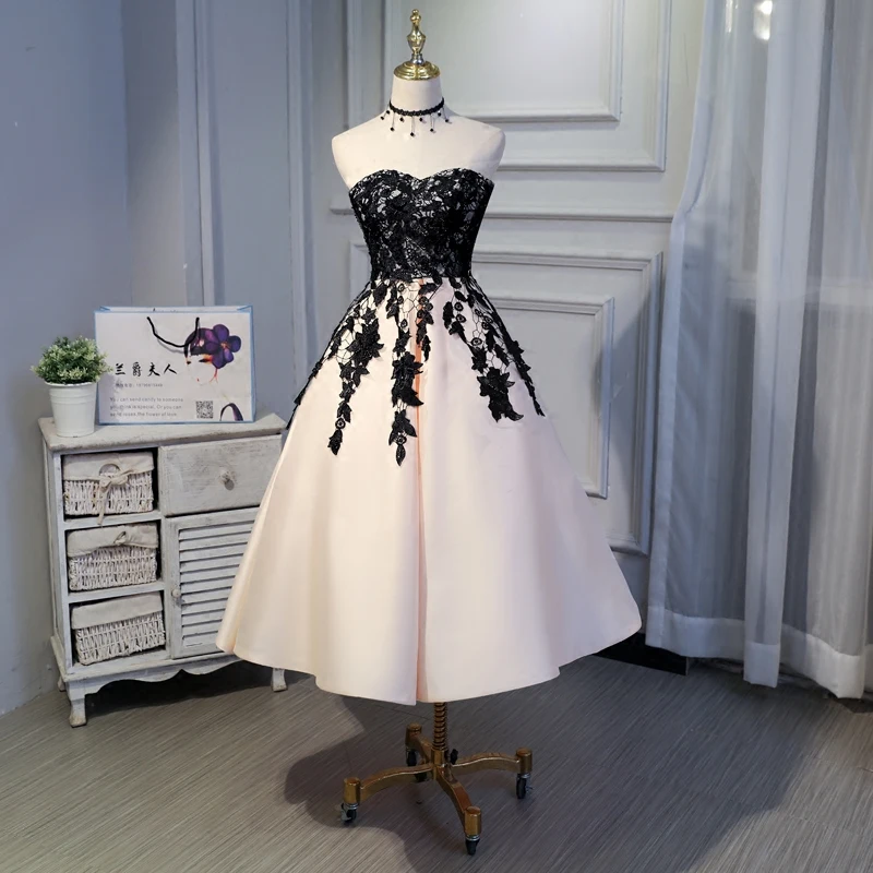 

AXJFU black lace pink stain evening dress black flower pearls evening dress princess rose flower little black dress
