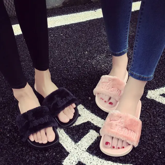 2018 New Women Summer Slippers Fenty Slipper Rihanna Shoes Sandals Flip Flop Plush Cute Furry Mule Lady's Flip Flop Shoe