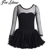 Г. Хлопковое балетное платье в горошек для девочек гимнастическое трико с длинными рукавами, Сетчатое балетное платье для танцев черное платье для катания на коньках от 3 до 10 лет