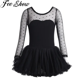 

2018 Girls Cotton Polka Dots Ballet Dress Gymnastics Leotard Long Sleeves Mesh Ballet Dance Dress Black Skating Dress 3-10 Years