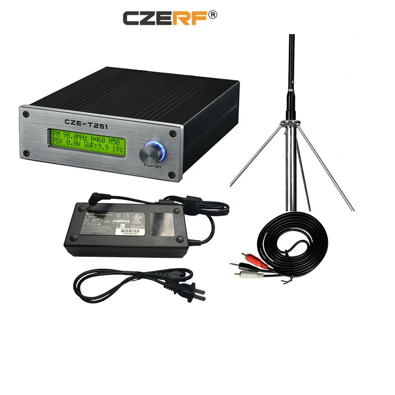 

Free Shipping CZE-T251 25w wireless fm transmitter with 1/4 wave GP aluminum antenna include 8 meters cable