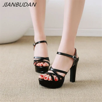 

JIANBUDAN Platform High-heeled fashion women's sandals Pu leather elegant banquet sandals Ankle buckle Roman sandals Size 34-43