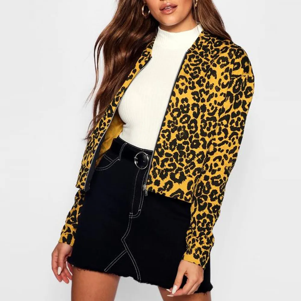 

Yellow Fashion Women Coat Ladies Leopard Print Baseball Jacket Coats Jacket