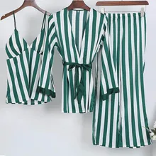 Для женщин дамы атласные шелковые Ночная рубашка в полоску наборы для ухода за кожей Sexy V средства ухода за кожей Шеи топики Женские топы и брюки девоч