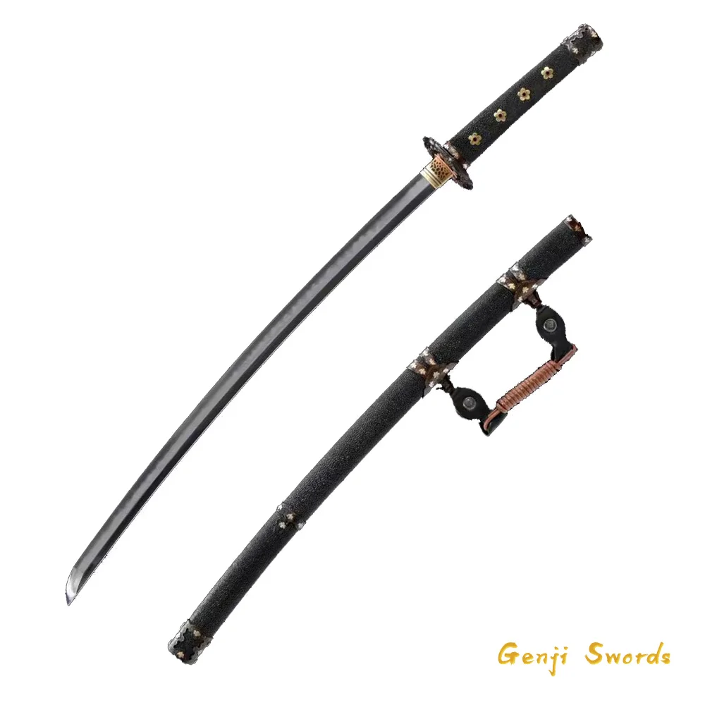 Handmade Full Tang Japanese Katana Tachi Folded Damascus Steel Clay-Tempered Feather Pattern Samurai Sword