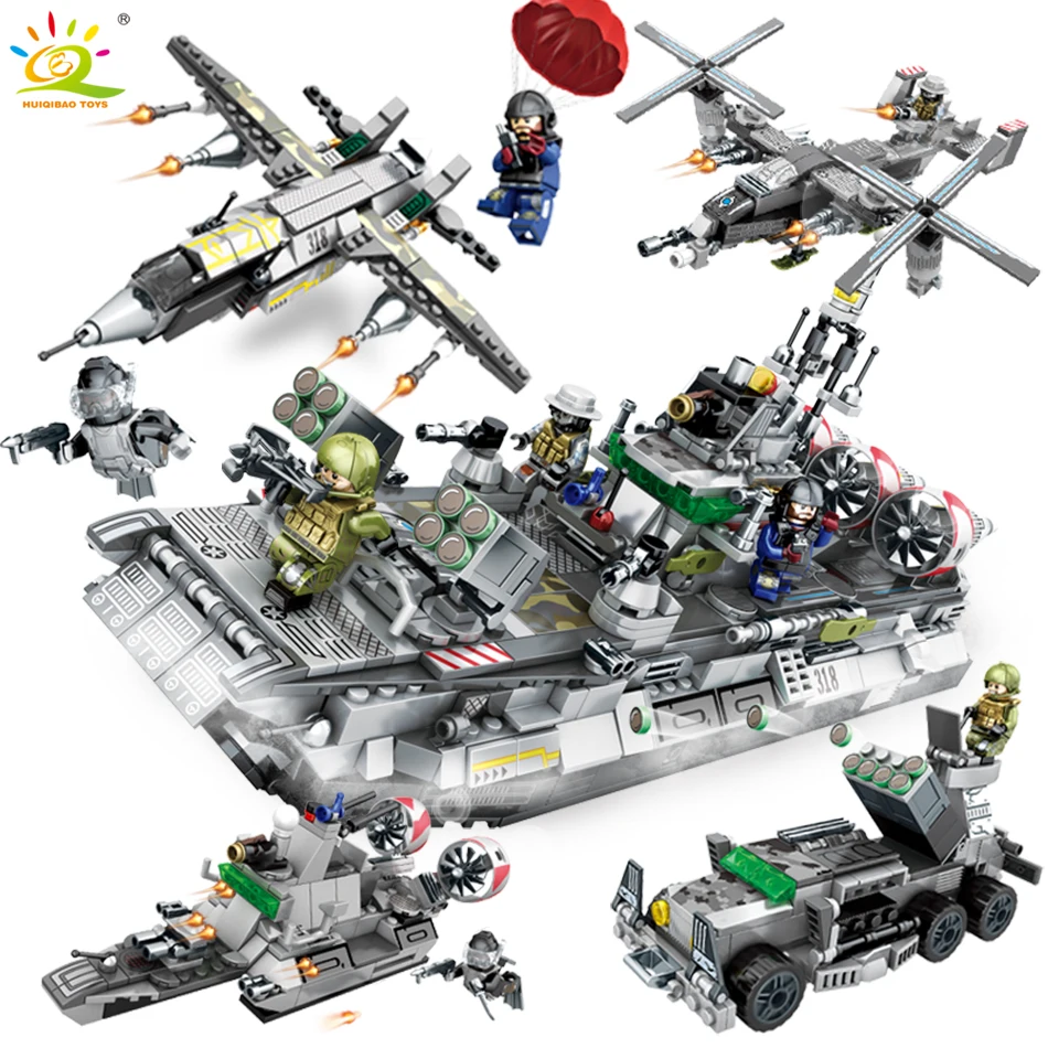 

701pcs 4in1 Army Sea Fleet DIY Fighter Tank Building Blocks Bricks Compatible Legoed Military Helicopter soldier Toy For Kids