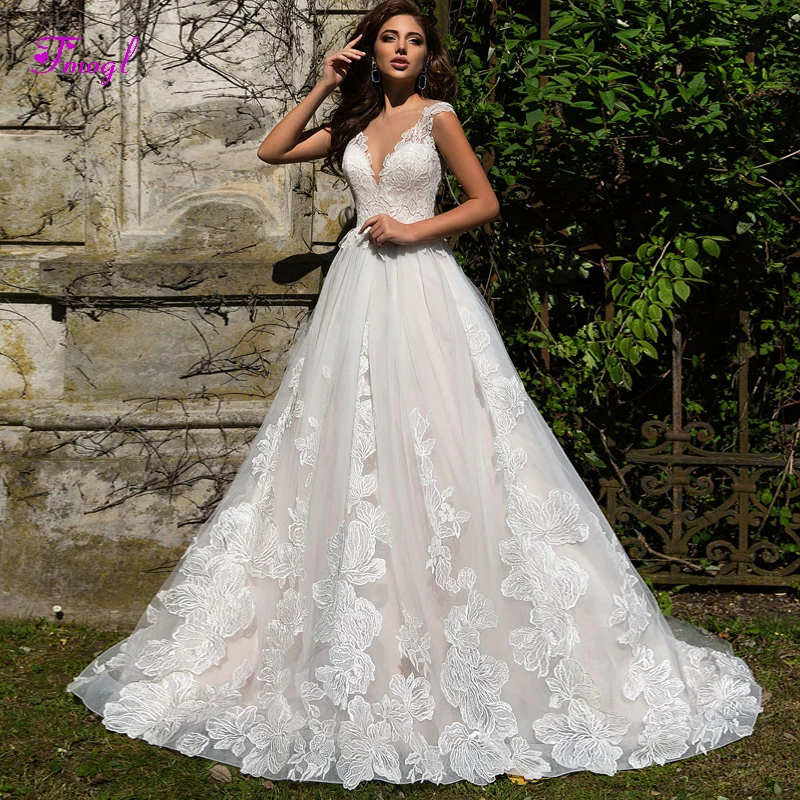 

Fmogl Graceful Appliques Sweep Train A-Line Wedding Dress 2020 Sexy Scoop Neck Button Lace Princess Bridal Gown Vestido de Noiva
