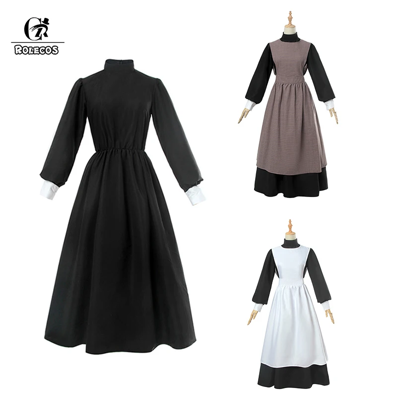 

ROLECOS Women Medieval Dress Cotton Victorian Retro Dress Renaissance Maid Costume Apron Dress Black Women Gothic Halloween