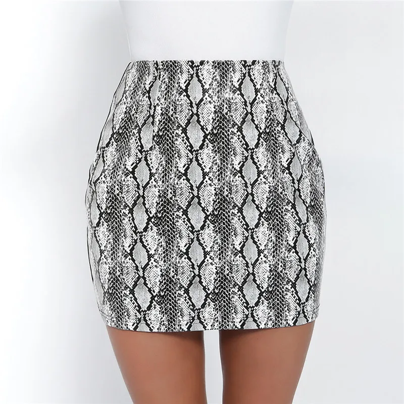 White Snake Print Leather Skirt Streetwear Faldas Mujer Moda 2019 Mini Skirts Womens Falda Serpiente High Waist Skirt