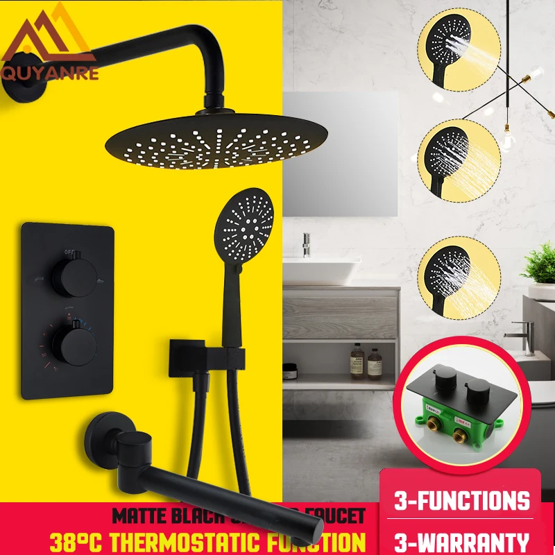 

Quyanre 3-way Black Thermostatic Bath Shower Faucets Black Concealed Shower Swivel Tub Spout 3-way Thermostatic Mixer Tap Shower