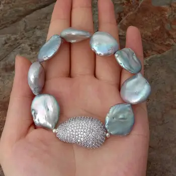 

Grey Reborn keshi pearl CZ Micro connector Adjustable Bracelet