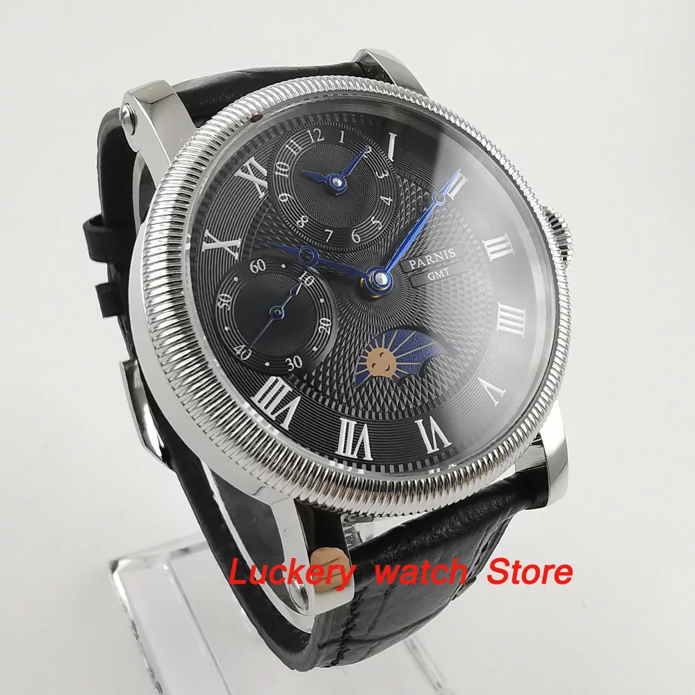 Часы Parnis 43 мм с черным циферблатом и кожаным ремешком Moon Phase GMT механические