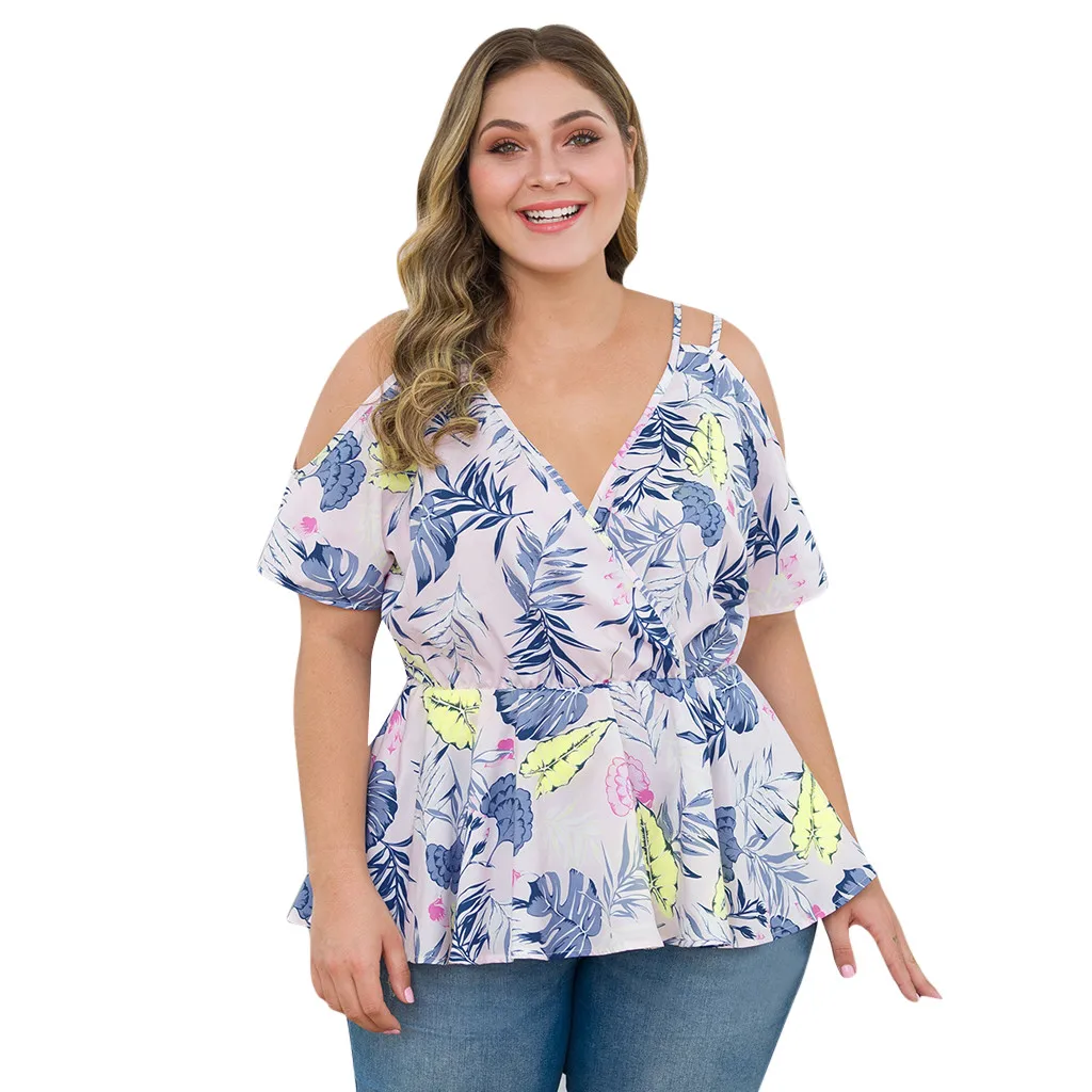 

ISHOWTIENDA Women's Plus Size Blouses Casual V-neck Blouse Off-Shoulder Short-Sleeved Waist Sling Printed Tops Roupas Feminina