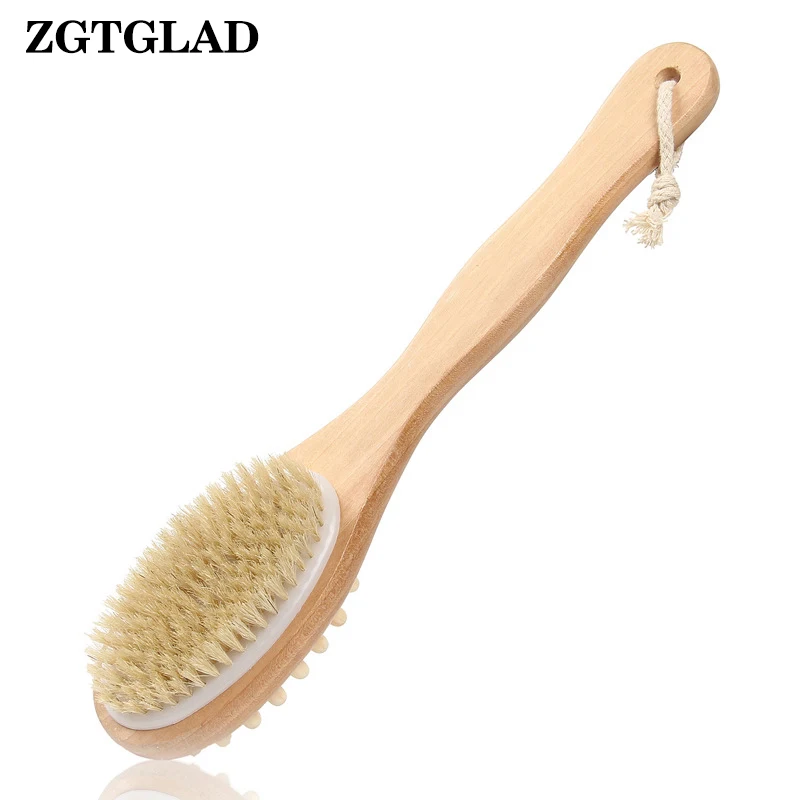 35cm Long Handle Wooden Body Wash Brush 2 Sided Natural Bristles Spin