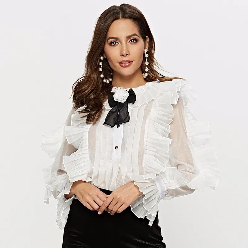 

LANMREM 2019 Perspective Sexy Shirt Spring Summer Fashion New Slim Temperament Organza Bow Collar Reffels Blouse Female YH515