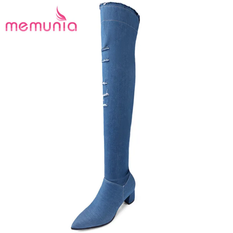

MEMUNIA 2020 new over the knee boots sexy pointed toe med heels fashion boots comfortable denim winter boots pius size 32-43