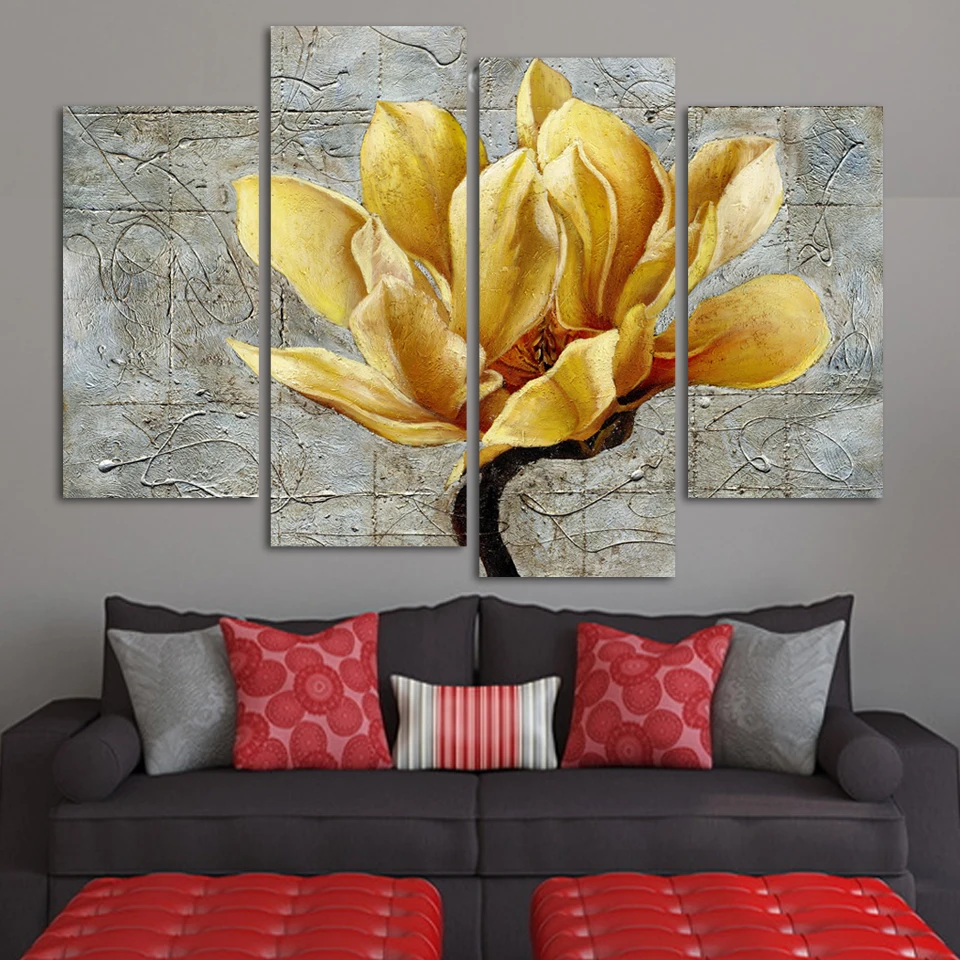 Fashion Unframed Abstract Painting 4 Panels gold Flower Modern Oil Painting On Canvas Wall Art Gift Top Home Decoration