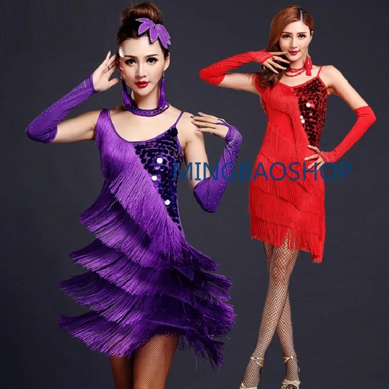 

Red Latin Dance Costumes women salsa dancewear dance costume dresses ballroom competition dresses tango adult fringe gold sequin