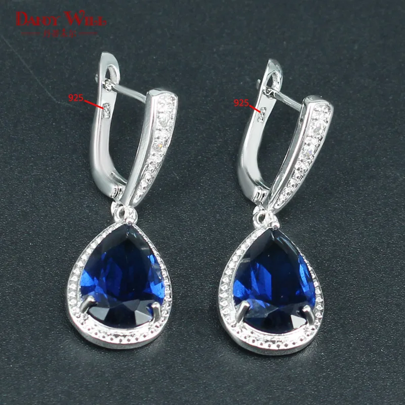 Натуральный 925 серебряные ювелирные изделия синий кристалл белый CZ Свадебные Ювелирные наборы для женщин серьги/кулон/ожерелье/кольца/браслет T80