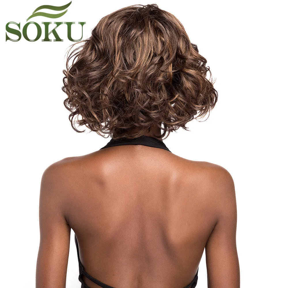 Натуральные волнистые синтетические парики черный коричневый короткий Боб длина плеча Высокая температура волокна волос парики для черных женщин SOKU