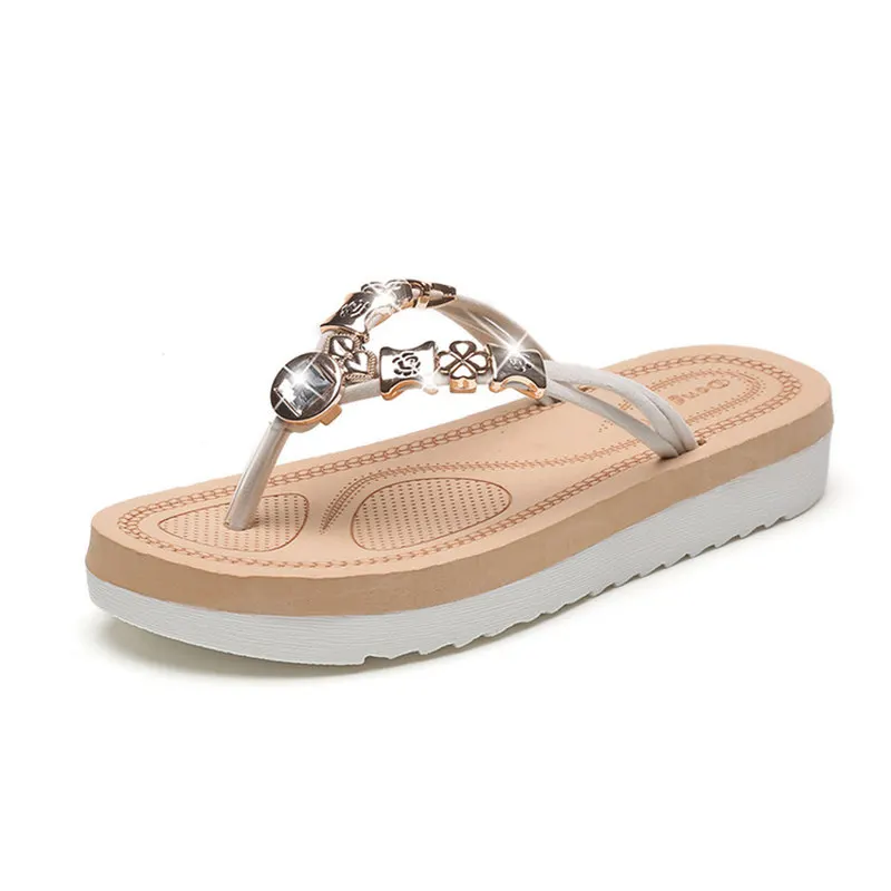 Для женщин Пляжные сланцы бисером шлепанцы на платформе Женская летняя обувь модные шлепанцы слипоны с открытым носком женские сандалии