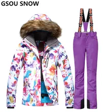 Gsou зимние женские лыжные костюмы зимние куртки для сноубординга и штаны ветрозащитные водонепроницаемые цветные женские спортивные лыжные комплекты