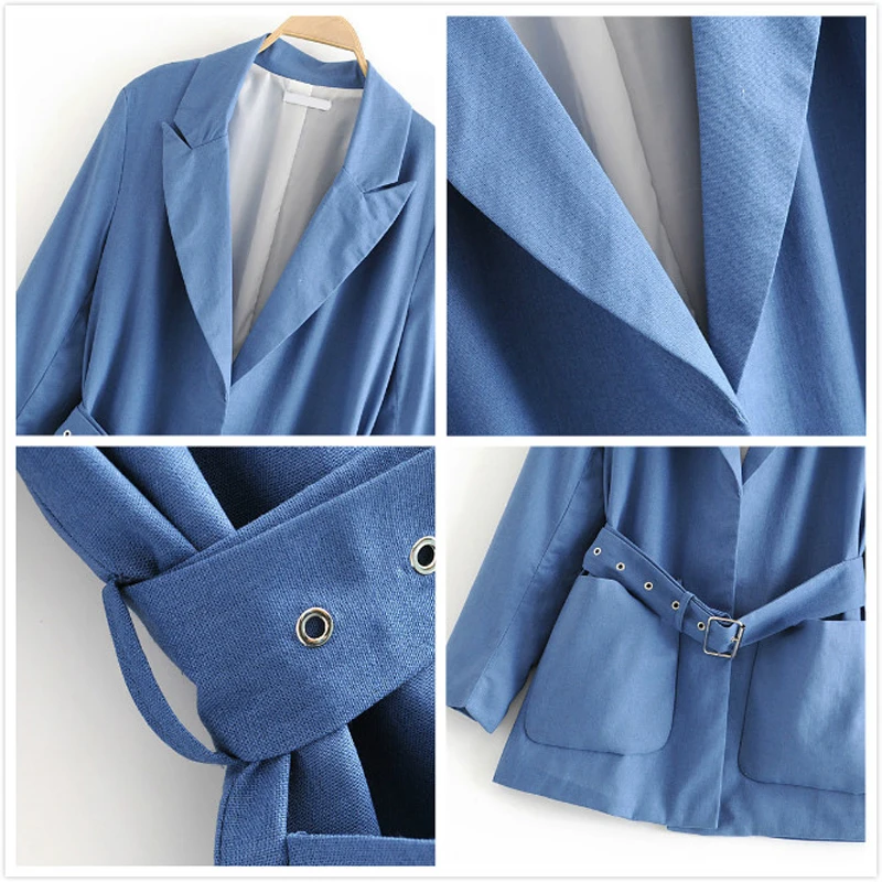 Blue Linen Women Pant Suits Belt Long Blazer Jacket High Waist Straight Pants Office Lady Two Piece Set Casual Female Trousers