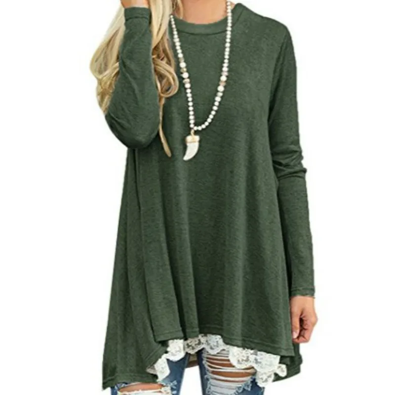 Женская Осенняя блузка, повседневные женские блузки, свободный верх, рубашки, зима, базовая кружевная рубашка, спортивный джемпер, туника, длинные блузы GV184 - Цвет: Army Green