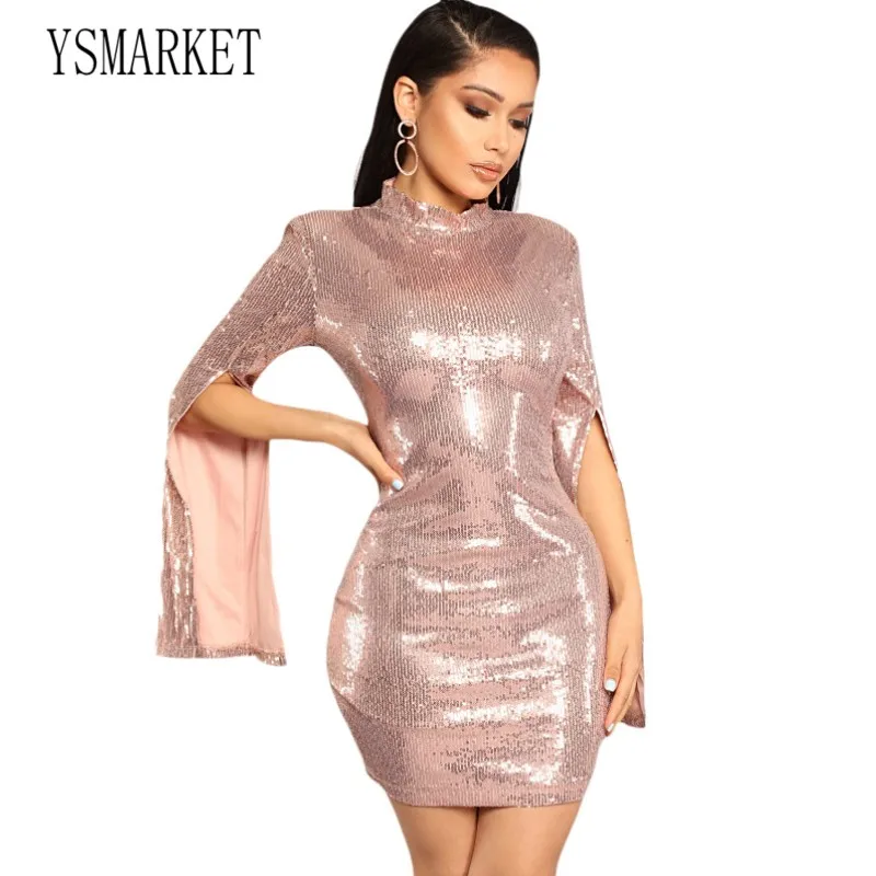Розовое платье с блестками и длинным рукавом модная женская одежда Vestidos вечернее