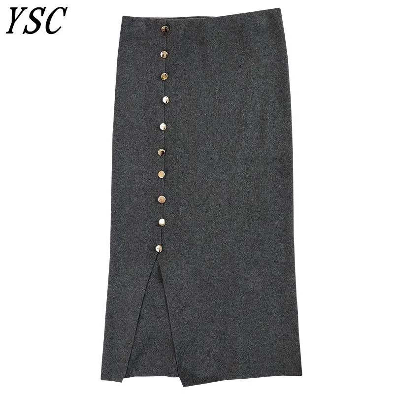 Осенняя новейшая стильная женская трикотажная кашемировая Смешанная юбка сплошного цвета с кнопками, Высококачественная юбка с разрезом