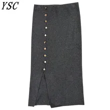 Осенняя новейшая стильная женская трикотажная кашемировая Смешанная юбка сплошного цвета с кнопками, Высококачественная юбка с разрезом