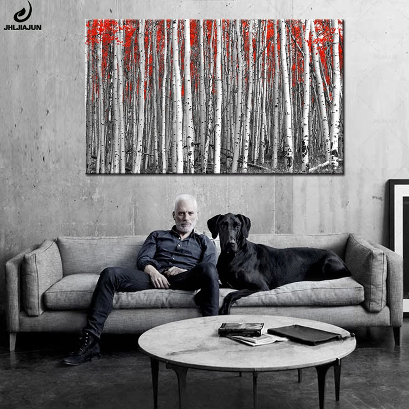 Red Leaves In A black And White Forest Landscape Canvas Poster Print Modern Abstract Wall Art Painting Decorative Picture