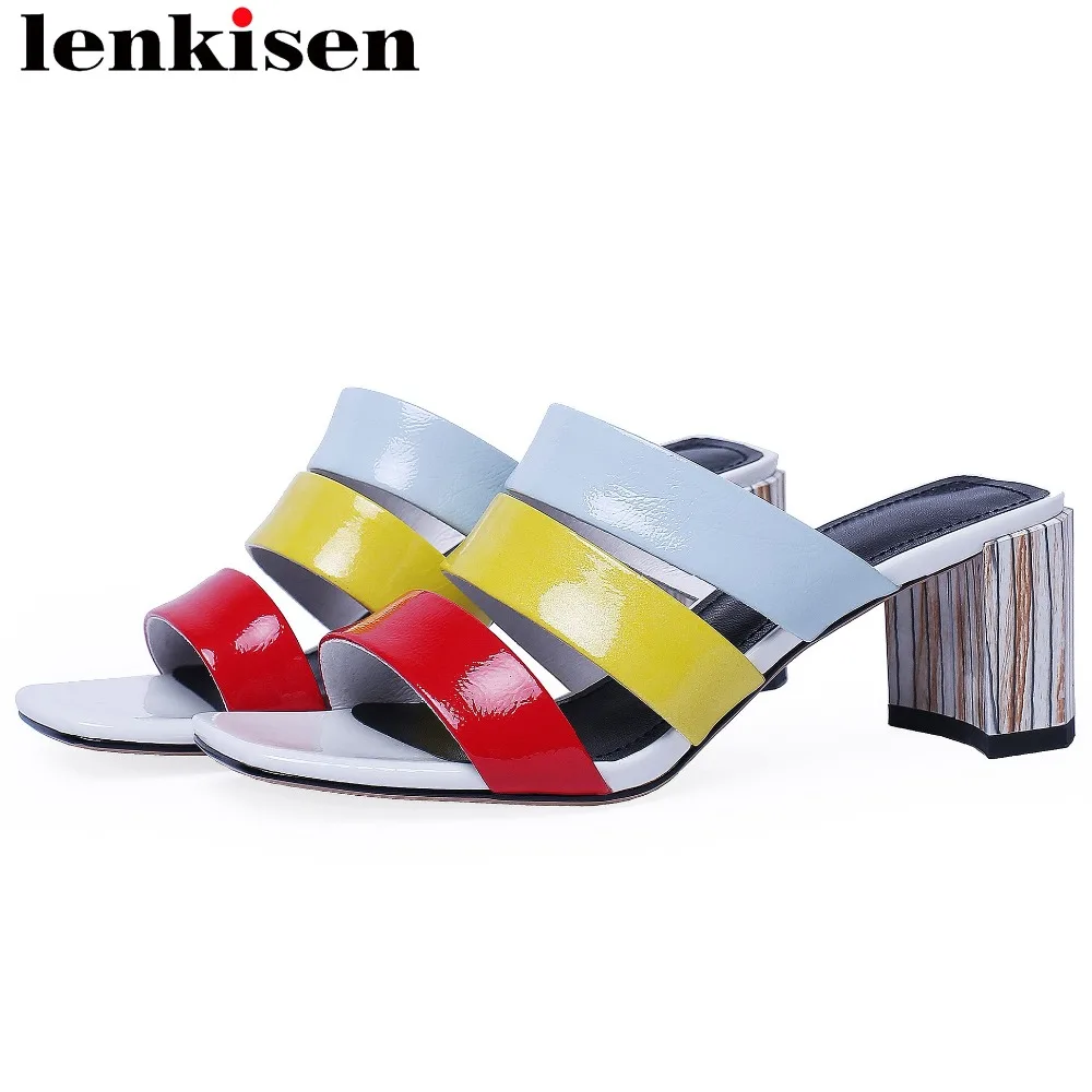 

Lenkisen 2019 superstar new arrival strange med heels slip on peep square toe slingback mules gladiator shoes summer sandals Ls8