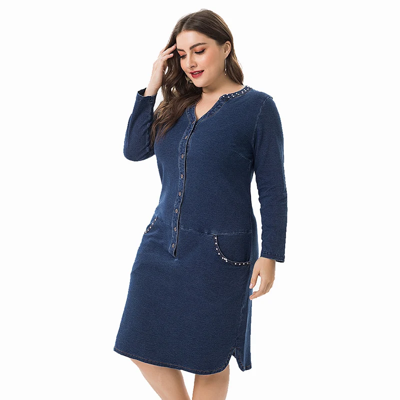 

Korean Denim dress for women Spring and Autumn Casual Jeans Dress With button Pocket Sexy Denim Dress Plus size 6XL