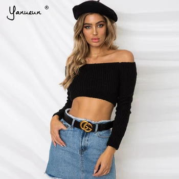

Yanueun 2018 Solid Sweater Female Knitted Women's Clothing Spring Autumn Sexy Slash Neck Backless Pullovers Short Sweaters