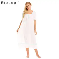 Ekouaer платье пижамы короткий рукав ночная рубашка квадратный вырез голеностопного Длина сна Для женщин