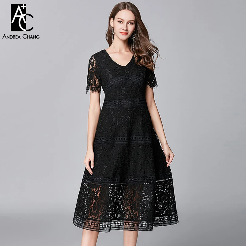 

PLUS SIZE woman dress L-5XL high quality summer spring dress v-neck calf length fashion vintage floral pattern black lace dress