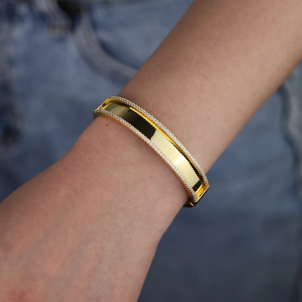 Новое поступление Широкий браслет Открытый браслет для женщин настроить гравировка AAA+ cz хип-хоп панк Мода Золотой цвет ювелирные изделия