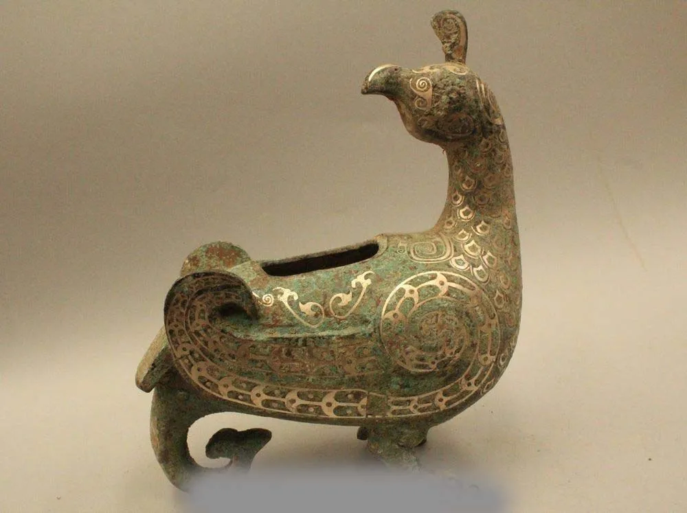 10&quot Old Chinese Dynasty Bronze Silver phoenix bird of wonder Zun Statue Sculptur | Дом и сад