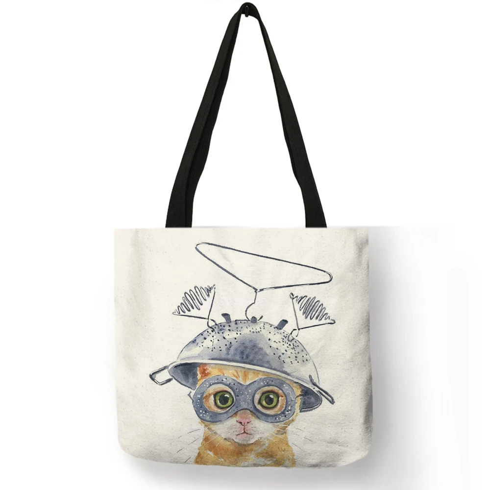 Милая многоразовая сумка для покупок с принтом кота, Женская Повседневная тканевая сумка, Льняная сумка-тоут, дорожные школьные сумки - Цвет: 006