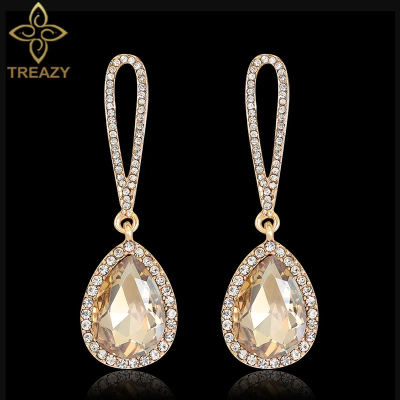 TREAZY Elegant Champagne Crystal Drop Earrings for Women Gold Color