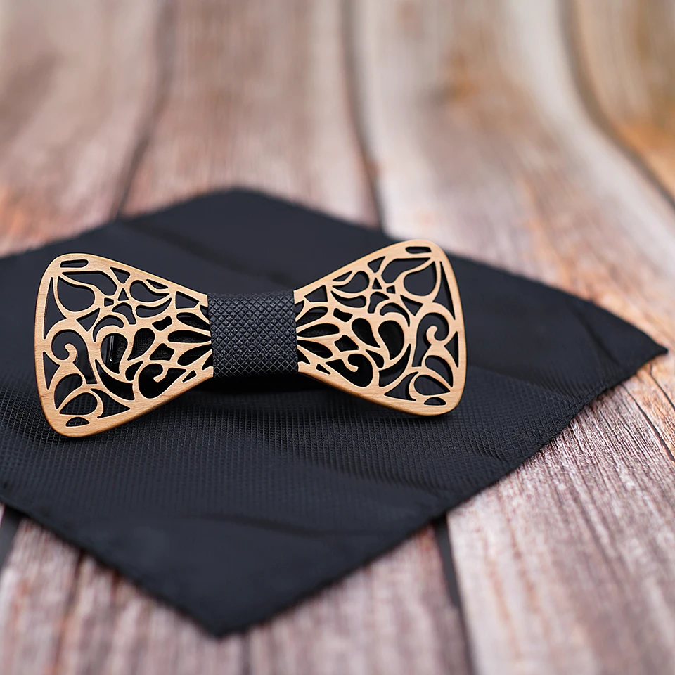  MAHOOSIVE Fashion Wooden Bow Tie And Handkerchief Set Men's Plaid Bow Tie Wood Hollow Floral Wooden