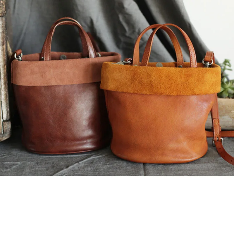 AETOO New retro personality Sen literary handbags handmade leather portable soft leather bucket bag shoulder Messenger bag