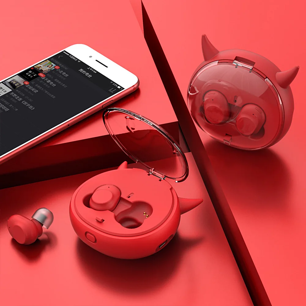 

VirWir Cute Devil TWS Earphones Bluetooth True Wireless Earbuds Headset with Charging Case Twins Mini Earphones for Phones